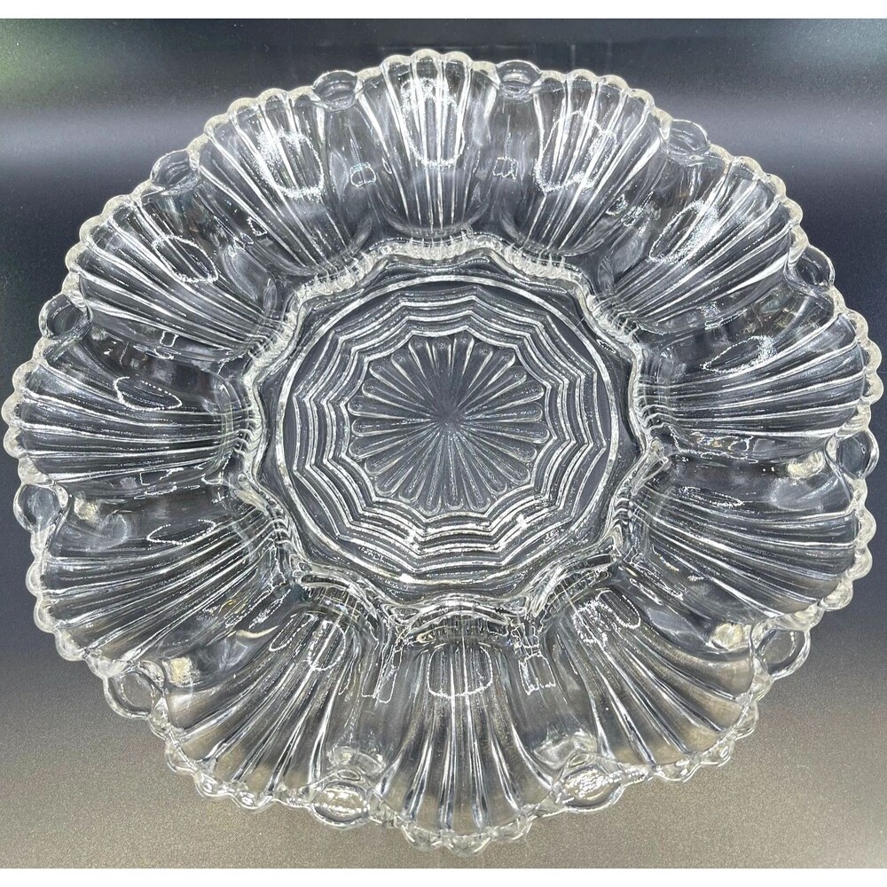 Mid Century Clear Pressed Glass Deviled Egg Plate 12 Well Starburst Shell Design